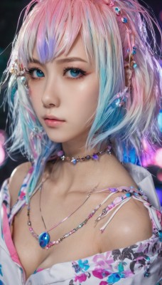 1girl,solo,breasts,looking at viewer,short hair,bangs,blue eyes,shirt,hair ornament,cleavage,bare shoulders,jewelry,medium breasts,closed mouth,blue hair,collarbone,upper body,pink hair,multicolored hair,earrings,small breasts,artist name,necklace,off shoulder,blurry,two-tone hair,lips,eyelashes,aqua hair,gradient hair,makeup,depth of field,blurry background,floral print,gem,pendant,beads,pink lips,realistic,nose,mascara,portrait