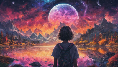 1girl, solo, short hair, shirt, black hair, white shirt, upper body, short sleeves, outdoors, sky, cloud, water, bag, from behind, tree, night, moon, backpack, star (sky), nature, night sky, scenery, full moon, starry sky, reflection, sunset, mountain, facing away, crescent moon, lake