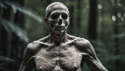 solo,looking at viewer,1boy,closed mouth,nipples,upper body,male focus,blurry,mask,muscular,blurry background,nature,forest,realistic,bald,chest hair,nude,facing viewer,veins,horror (theme)