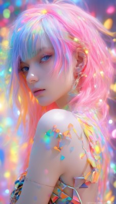 1girl,solo,long hair,breasts,looking at viewer,bangs,blue eyes,bare shoulders,jewelry,upper body,pink hair,multicolored hair,earrings,parted lips,looking back,artist name,blunt bangs,blurry,from side,lips,looking to the side,eyelashes,makeup,blurry background,piercing,ear piercing,nose,colorful,blue hair,gradient hair,watermark,armlet,realistic