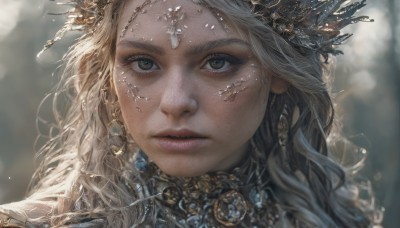 1girl,solo,long hair,looking at viewer,blonde hair,hair ornament,jewelry,closed mouth,green eyes,earrings,artist name,necklace,blurry,lips,grey eyes,eyelashes,depth of field,blurry background,wavy hair,looking away,gem,portrait,close-up,freckles,circlet,realistic,nose,gold,head chain,grey hair,parted lips,crown