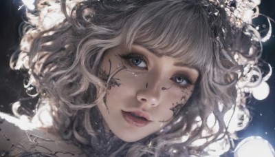 1girl,solo,looking at viewer,smile,short hair,open mouth,bangs,blue eyes,white hair,grey hair,parted lips,teeth,black eyes,lips,grey eyes,eyelashes,portrait,realistic,hair ornament,choker,artist name,signature,blunt bangs,floating hair,wavy hair,close-up,nose