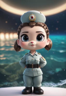 1girl,solo,looking at viewer,blush,smile,short hair,blue eyes,brown hair,hat,twintails,standing,jacket,full body,braid,boots,parted lips,belt,pants,star (symbol),black footwear,blurry,uniform,military,military uniform,blurry background,furry,forehead,pocket,hands on hips,black belt,military hat,furry female,female child,grey pants,medal,hammer and sickle,open mouth,chibi,night,arms behind back,grey jacket