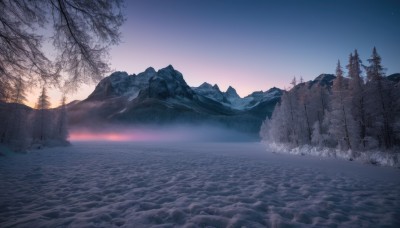 outdoors,sky,cloud,water,tree,no humans,night,star (sky),nature,night sky,scenery,snow,forest,starry sky,sunset,mountain,winter,bare tree,river,landscape,mountainous horizon,gradient sky,sunrise,pine tree,horizon