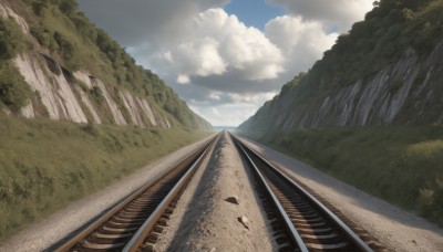 outdoors,sky,day,cloud,tree,blue sky,no humans,cloudy sky,grass,nature,scenery,forest,mountain,road,bridge,river,landscape,path,sunlight,rock,train station,railroad tracks