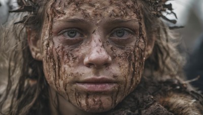 1girl,solo,long hair,looking at viewer,blonde hair,1boy,closed mouth,green eyes,blurry,lips,grey eyes,depth of field,blurry background,portrait,close-up,realistic,dirty,male focus,blood,facial hair,freckles