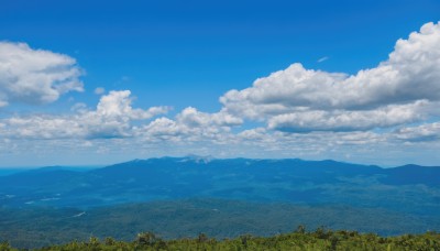 outdoors,sky,day,cloud,tree,blue sky,no humans,cloudy sky,grass,nature,scenery,forest,mountain,horizon,field,landscape,mountainous horizon,hill,water,ocean,island