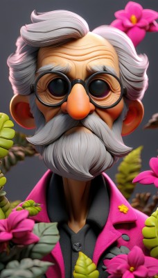 solo,looking at viewer,smile,shirt,1boy,closed mouth,jacket,upper body,flower,white hair,grey hair,male focus,necktie,glasses,collared shirt,grey background,blurry,vest,black shirt,facial hair,leaf,sunglasses,wing collar,portrait,beard,pink flower,black-framed eyewear,round eyewear,mustache,pink jacket,old,old man,simple background,artist name,black eyes,depth of field,blurry background,wrinkled skin