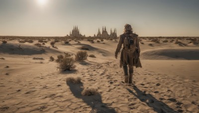 solo,short hair,brown hair,long sleeves,1boy,standing,male focus,boots,outdoors,sky,hood,bag,from behind,coat,shadow,beach,backpack,scenery,walking,sand,sun,sepia,castle,desert,footprints,monochrome,water,cape,mask,ocean,helmet,1other,science fiction,horizon,ambiguous gender,gas mask