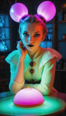 1girl,solo,breasts,looking at viewer,short hair,blue eyes,shirt,jewelry,sitting,upper body,pink hair,earrings,food,indoors,dark skin,necklace,hair bun,blurry,dark-skinned female,lips,fur trim,double bun,makeup,blurry background,table,lipstick,eyeshadow,cake,head rest,mouse ears,nose,black lips,pov across table,long sleeves,belt,sunglasses,brooch,realistic,egg