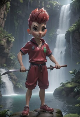 solo,looking at viewer,short hair,shirt,1boy,holding,brown eyes,jewelry,closed mouth,standing,full body,weapon,short sleeves,male focus,red hair,earrings,outdoors,shoes,shorts,sword,artist name,water,holding weapon,lips,holding sword,piercing,knife,spiked hair,red footwear,red shirt,sneakers,ear piercing,child,nature,holding knife,male child,red shorts,badge,waterfall,short sword,1girl,blush,pink hair,hood,leaf,katana,aged down,sheath,bandaid,dual wielding,tomboy