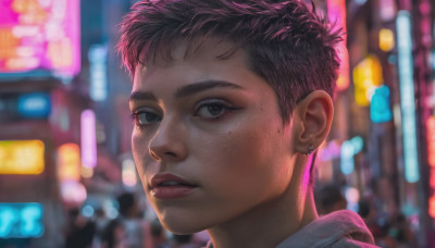 1girl, solo, looking at viewer, short hair, black hair, jewelry, earrings, parted lips, dark skin, mole, blurry, dark-skinned female, lips, mole under eye, night, blurry background, portrait, freckles, city, realistic, very short hair, neon lights