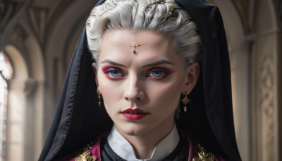 1girl,solo,looking at viewer,short hair,blue eyes,jewelry,white hair,grey hair,earrings,indoors,blurry,lips,eyelashes,makeup,blurry background,lipstick,portrait,veil,eyeshadow,freckles,realistic,red lips,nun,church,cross,gem,cross earrings