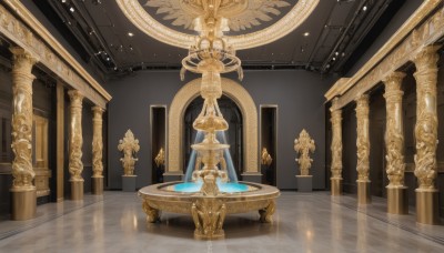 indoors,water,no humans,window,table,sunlight,scenery,light particles,reflection,light rays,fantasy,door,light,architecture,pillar,statue,arch,reflective floor,chandelier,column,fountain,chair,candlestand