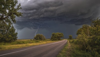 outdoors,sky,day,cloud,tree,no humans,cloudy sky,grass,nature,scenery,forest,electricity,road,bush,lightning,landscape,path,ocean,rain,horizon