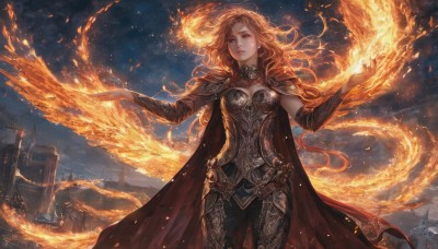 1girl,solo,long hair,breasts,looking at viewer,cleavage,brown eyes,jewelry,medium breasts,standing,weapon,red hair,cowboy shot,outdoors,parted lips,detached sleeves,sky,belt,pants,cloud,cape,orange hair,armor,lips,orange eyes,night,fire,shoulder armor,building,star (sky),night sky,circlet,fantasy,red cape,magic,flame,embers,burning,red eyes,closed mouth,earrings,artist name,dated,looking to the side,floating hair,watermark,wavy hair,looking away,outstretched arms,breastplate