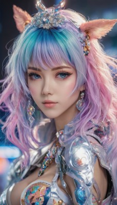 1girl,solo,long hair,breasts,looking at viewer,bangs,blue eyes,hair ornament,animal ears,cleavage,jewelry,medium breasts,closed mouth,blue hair,upper body,pink hair,multicolored hair,earrings,artist name,necklace,armor,blurry,from side,two-tone hair,lips,eyelashes,aqua hair,gradient hair,makeup,depth of field,blurry background,tiara,feathers,crown,shoulder armor,gem,eyeshadow,pink lips,realistic,nose,eyeliner,feather hair ornament,blue gemstone,mascara,cat ears,facial mark,portrait,miqo'te