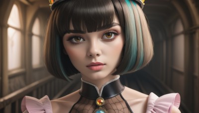 1girl,solo,looking at viewer,short hair,bangs,brown hair,black hair,brown eyes,jewelry,closed mouth,blue hair,collarbone,multicolored hair,frills,indoors,blunt bangs,blurry,two-tone hair,lips,streaked hair,eyelashes,makeup,blurry background,bob cut,brooch,gem,portrait,red lips,hat,artist name,aqua hair,lipstick,eyeshadow,backlighting,nose,eyeliner,mascara