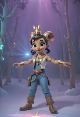 1girl,solo,looking at viewer,smile,blue eyes,black hair,animal ears,bare shoulders,twintails,jewelry,full body,boots,outdoors,belt,pants,dark skin,necklace,black eyes,bracelet,dark-skinned female,tree,crown,gem,furry,armlet,mouse ears,furry female,breasts,short hair,bangs,shirt,hair ornament,brown eyes,closed mouth,standing,white shirt,small breasts,teeth,sleeveless,artist name,vest,flat chest,sleeveless shirt,watermark,brown footwear,outstretched arms,denim,nature,snow,forest,pouch,jeans,blue pants,animal nose,bare tree,deer ears