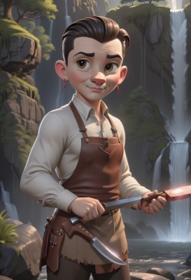 1girl,solo,looking at viewer,smile,short hair,brown hair,shirt,black hair,long sleeves,holding,brown eyes,jewelry,closed mouth,standing,white shirt,weapon,cowboy shot,earrings,outdoors,collared shirt,pants,water,holding weapon,apron,tree,lips,knife,nature,wading,forest,rock,holding knife,waterfall,stream,belt,artist name,torn clothes,genderswap (mtf),nose,holster,hair slicked back