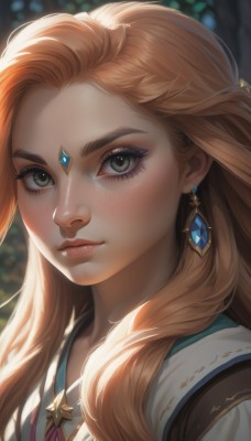 1girl,solo,long hair,looking at viewer,blonde hair,brown hair,jewelry,closed mouth,green eyes,upper body,earrings,artist name,orange hair,blurry,lips,eyelashes,makeup,blurry background,thick eyebrows,gem,portrait,forehead,freckles,realistic,nose,forehead jewel,mascara,blush,ribbon