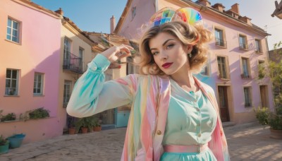 1girl,solo,breasts,looking at viewer,smile,short hair,blonde hair,brown hair,shirt,long sleeves,dress,brown eyes,jewelry,medium breasts,jacket,white shirt,upper body,earrings,outdoors,open clothes,sky,day,belt,hand up,necklace,nail polish,arm up,blue sky,lips,window,makeup,buttons,shadow,sunlight,plant,lipstick,building,red nails,multicolored clothes,curly hair,red lips,potted plant,road,pink jacket,house,street,holding,fingernails,see-through,ring