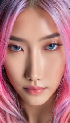 1girl,solo,long hair,looking at viewer,bangs,blue eyes,closed mouth,pink hair,multicolored hair,lips,parted bangs,eyelashes,makeup,portrait,close-up,pink lips,realistic,nose,straight-on,eye focus,artist name,blurry,lipstick