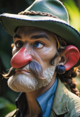 solo,long hair,blue eyes,brown hair,shirt,black hair,1boy,hat,jewelry,closed mouth,jacket,braid,male focus,earrings,collared shirt,blurry,blurry background,facial hair,thick eyebrows,portrait,beard,realistic,nose,mustache,upper body,looking to the side,depth of field,looking away,blue headwear,manly