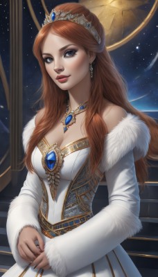 1girl,solo,long hair,breasts,looking at viewer,smile,blue eyes,brown hair,long sleeves,dress,cleavage,bare shoulders,brown eyes,jewelry,medium breasts,earrings,necklace,nail polish,white dress,orange hair,lips,coat,grey eyes,fur trim,strapless,makeup,watermark,tiara,crown,lipstick,gem,star (sky),strapless dress,eyeshadow,stairs,red lips,princess,red hair