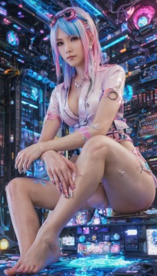 1girl,solo,long hair,breasts,looking at viewer,bangs,blue eyes,shirt,cleavage,jewelry,medium breasts,sitting,underwear,blue hair,pink hair,white hair,short sleeves,multicolored hair,earrings,shorts,barefoot,necklace,nail polish,bracelet,feet,two-tone hair,lips,fingernails,legs,short shorts,bare legs,makeup,toes,goggles,eyewear on head,pink nails,science fiction,toenails,goggles on head,realistic,toenail polish,dirty,cyberpunk,thighs,tattoo,piercing,ear piercing,bandaid,nose,holographic interface