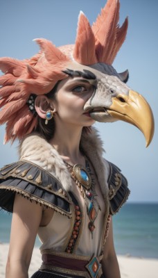 1girl,solo,short hair,brown hair,black hair,hair ornament,brown eyes,jewelry,upper body,earrings,outdoors,sky,sleeveless,day,necklace,blurry,from side,blue sky,lips,profile,mask,blurry background,bird,ocean,beach,feathers,gem,freckles,realistic,nose,sand,mask on head,looking afar,animal skull,looking at viewer,blue eyes,hat,water,flat chest,sash,fur trim,depth of field,feather hair ornament,beak,eagle