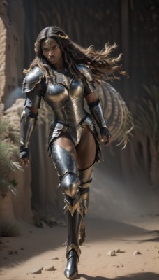 1girl,solo,long hair,breasts,looking at viewer,brown hair,black hair,thighhighs,gloves,brown eyes,jewelry,medium breasts,standing,full body,boots,outdoors,parted lips,pointy ears,artist name,dark skin,fingerless gloves,armor,blurry,leotard,dark-skinned female,lips,blurry background,thigh boots,wavy hair,elf,shoulder armor,gauntlets,clenched hands,walking,pauldrons,circlet,breastplate,realistic,nose,arms at sides,vambraces,armored boots,greaves,dark elf,gorget,boobplate,braid,cape,shadow