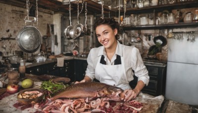 1girl,solo,looking at viewer,smile,short hair,brown hair,shirt,black hair,holding,brown eyes,white shirt,upper body,food,teeth,collared shirt,indoors,grin,black eyes,apron,fruit,chain,bottle,knife,plate,sleeves rolled up,bowl,realistic,apple,bread,cooking,meat,kitchen,vegetable,frying pan,kitchen knife,cutting board,onion,steak,hook,blue eyes,jewelry,blurry,cup,blood,table,ring,holding knife,sleeves pushed up,jar,lemon,tomato,sink,potato,radish