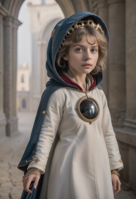 1girl,solo,looking at viewer,short hair,blue eyes,blonde hair,brown hair,long sleeves,dress,jewelry,closed mouth,standing,indoors,hood,cape,white dress,blurry,lips,grey eyes,blurry background,cloak,hood up,realistic,hooded cloak,church,outdoors,freckles,robe,pillar