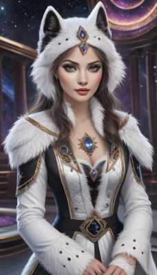 1girl,solo,long hair,breasts,looking at viewer,brown hair,long sleeves,dress,animal ears,cleavage,brown eyes,jewelry,medium breasts,upper body,sky,hood,necklace,white dress,lips,coat,grey eyes,fur trim,makeup,ring,lipstick,brooch,gem,star (sky),pendant,starry sky,animal hood,nose,red lips,red gemstone,artist name,watermark,web address,realistic