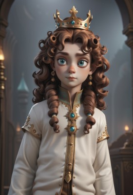 1girl,solo,long hair,looking at viewer,blue eyes,brown hair,long sleeves,dress,jewelry,closed mouth,upper body,earrings,artist name,blurry,lips,blurry background,drill hair,crown,brooch,gem,freckles,curly hair,realistic,candle,straight-on,ringlets,blush,green eyes,aqua eyes