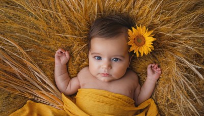 1girl,solo,looking at viewer,short hair,blue eyes,brown hair,hair ornament,dress,nipples,flower,lying,hair flower,on back,flat chest,lips,loli,child,realistic,sunflower,field,1boy,upper body,male focus,from above,baby,what,fine art parody