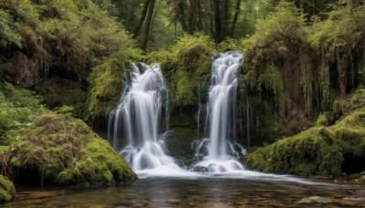 outdoors,day,water,tree,no humans,sunlight,nature,scenery,forest,fantasy,river,waterfall,rock,landscape,moss,stream