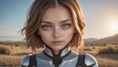 1girl,solo,looking at viewer,short hair,brown hair,brown eyes,closed mouth,green eyes,yellow eyes,upper body,outdoors,sky,day,blurry,lips,eyelashes,bodysuit,depth of field,blurry background,portrait,forehead,freckles,mountain,realistic,sun,field,straight-on,mountainous horizon,bangs,blue sky,close-up,backlighting,nose