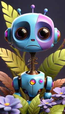 solo,looking at viewer,closed mouth,flower,blurry,no humans,depth of field,leaf,plant,robot,mecha,purple flower,antennae,cable,non-humanoid robot,simple background,science fiction,one-eyed,straight-on,humanoid robot