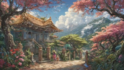 1girl,solo,long hair,skirt,standing,flower,outdoors,japanese clothes,sky,day,cloud,tree,blue sky,bird,animal,leaf,grass,bug,plant,cherry blossoms,building,butterfly,nature,scenery,forest,walking,stairs,mountain,fantasy,road,architecture,house,bridge,east asian architecture,landscape,path,brown hair,black hair,signature,kimono,from behind,sash,obi,cloudy sky,facing away,bush,red kimono,autumn leaves,pink kimono,shrine,pavement,stone lantern