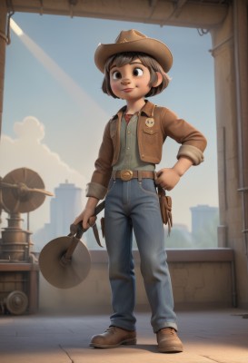 1girl,solo,smile,short hair,brown hair,shirt,long sleeves,hat,holding,brown eyes,closed mouth,standing,jacket,full body,weapon,boots,outdoors,open clothes,sky,day,belt,pants,cloud,signature,open jacket,blue sky,hand on hip,gun,buttons,brown footwear,denim,building,child,sleeves rolled up,pocket,brown jacket,jeans,brown headwear,blue pants,female child,brown belt,holster,leather,badge,cowboy hat,cowboy western,cowboy boots,bangs,black hair,shoes,collared shirt,holding weapon,vest,lips,sunlight,holding gun,handgun,plaid shirt,brown vest,holstered weapon