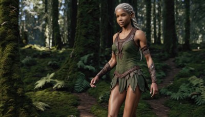 1girl,solo,long hair,breasts,skirt,bare shoulders,ponytail,braid,white hair,grey hair,outdoors,pointy ears,dark skin,dark-skinned female,tree,lips,watermark,elf,nature,web address,armlet,forest,realistic,bracer,jewelry,earrings,necklace,armor,armband,tribal