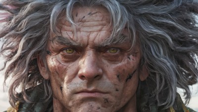 solo,long hair,looking at viewer,simple background,1boy,white background,closed mouth,yellow eyes,white hair,grey hair,male focus,lips,floating hair,feathers,portrait,close-up,realistic,medium hair,facial hair,scar,messy hair,scar on face,serious,scar across eye,stubble,wrinkled skin