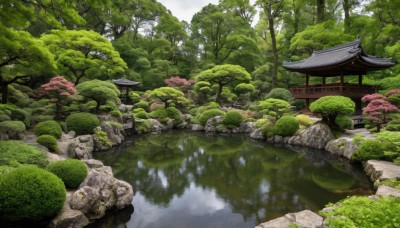 outdoors,sky,day,water,tree,no humans,grass,building,nature,scenery,forest,reflection,rock,architecture,bridge,east asian architecture,river,pond,cloud,landscape,moss,reflective water