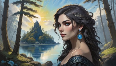 1girl,solo,long hair,breasts,looking at viewer,blue eyes,black hair,hair ornament,cleavage,bare shoulders,jewelry,medium breasts,upper body,flower,earrings,outdoors,parted lips,sky,day,pointy ears,cloud,water,from side,tree,lips,eyelashes,makeup,watermark,wavy hair,sunlight,gem,nature,forest,mountain,realistic,nose,fantasy,sun,river,lake,scenery