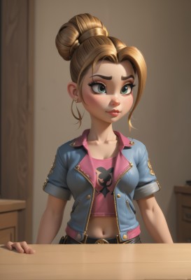 1girl,solo,breasts,blush,blue eyes,blonde hair,brown hair,shirt,navel,cleavage,jewelry,medium breasts,closed mouth,green eyes,collarbone,jacket,upper body,short sleeves,earrings,parted lips,open clothes,midriff,belt,pants,artist name,indoors,hair bun,open jacket,lips,crop top,fingernails,eyelashes,makeup,single hair bun,thick eyebrows,denim,lipstick,blue jacket,buckle,freckles,pink shirt,belt buckle,red lips,mascara,denim jacket,blurry,table,aged down,nose