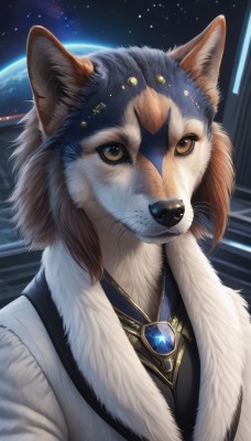 solo,1boy,brown eyes,jewelry,closed mouth,yellow eyes,upper body,male focus,artist name,signature,vest,fur trim,no humans,animal,brooch,gem,star (sky),furry,starry sky,realistic,space,furry male,body fur,animal focus,white fur,planet,fur,animal nose,whiskers,earth (planet),blue gemstone,black fur,looking at viewer,brown hair,shirt,animal ears,white shirt,necklace,dog,snout,shiba inu