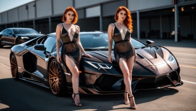 long hair,breasts,looking at viewer,smile,multiple girls,dress,2girls,cleavage,jewelry,medium breasts,standing,full body,earrings,outdoors,sleeveless,black footwear,orange hair,blurry,black dress,high heels,sleeveless dress,blurry background,siblings,sisters,ground vehicle,motor vehicle,curly hair,twins,car,vehicle focus,plunging neckline,stiletto heels,sports car,short hair,large breasts,brown eyes,red hair,parted lips,sandals,breasts apart,realistic