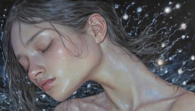 1girl,solo,short hair,brown hair,black hair,closed mouth,collarbone,closed eyes,nude,parted lips,water,lips,eyelashes,piercing,black background,portrait,freckles,realistic,nose,long hair,bare shoulders,close-up,water drop